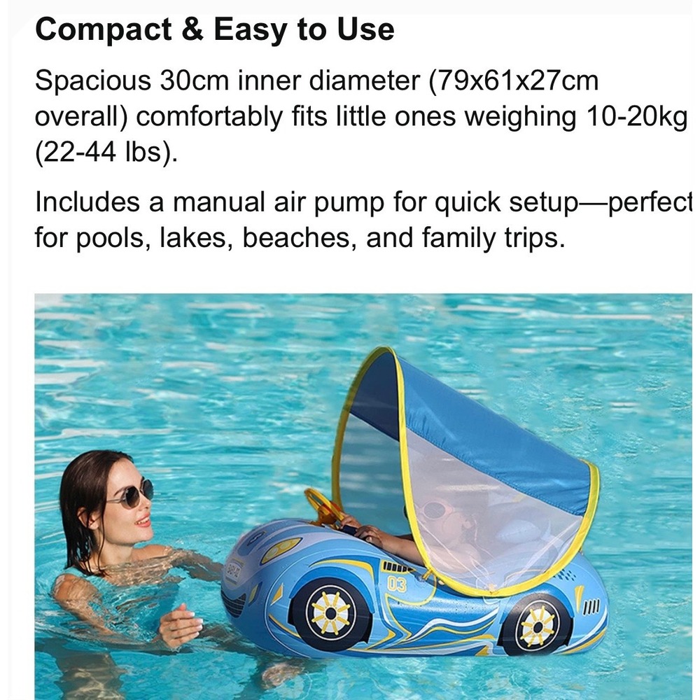 NEW Baby Car 1-4 Yrs Pool Float with Canopy and Steering Wheel UPF 50 - Picture 10 of 12